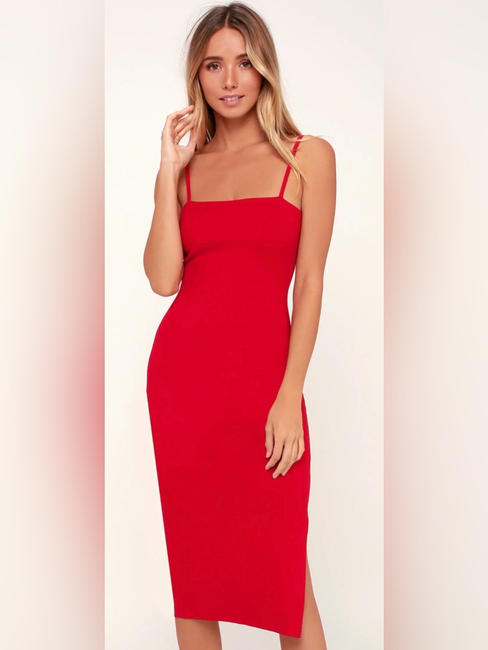 NWT Lulus Paulina Red Bodycon Midi Cocktail Dress Spaghetti Straps Size M